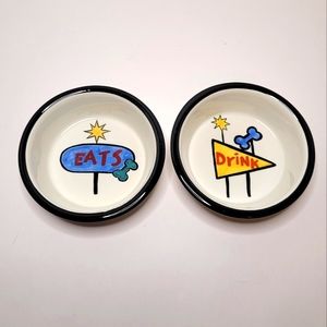 EAT and DRINK Set of 2 Ceramic Pet Food Bowls Handpainted Diner Decor Vibes RARE